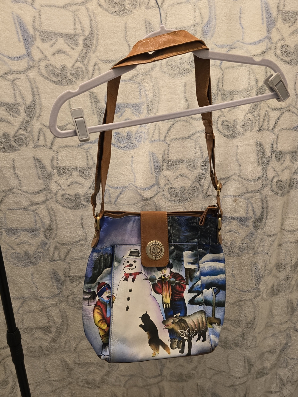 Signed Hand-Painted Winter Scene Crossbody Bag - Brown & Multicolor
